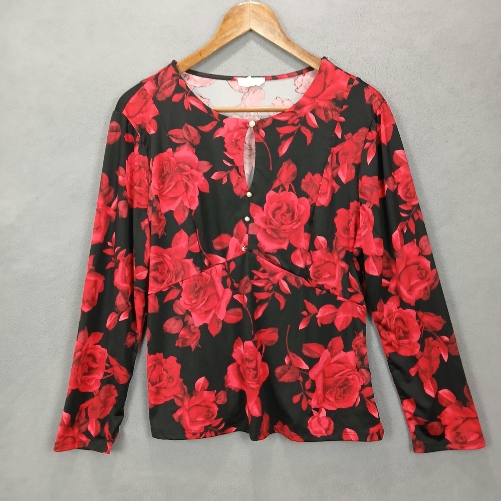 SC Society Blouse‎ Top Womens Large Black Red Floral Keyhole Front Round Neck